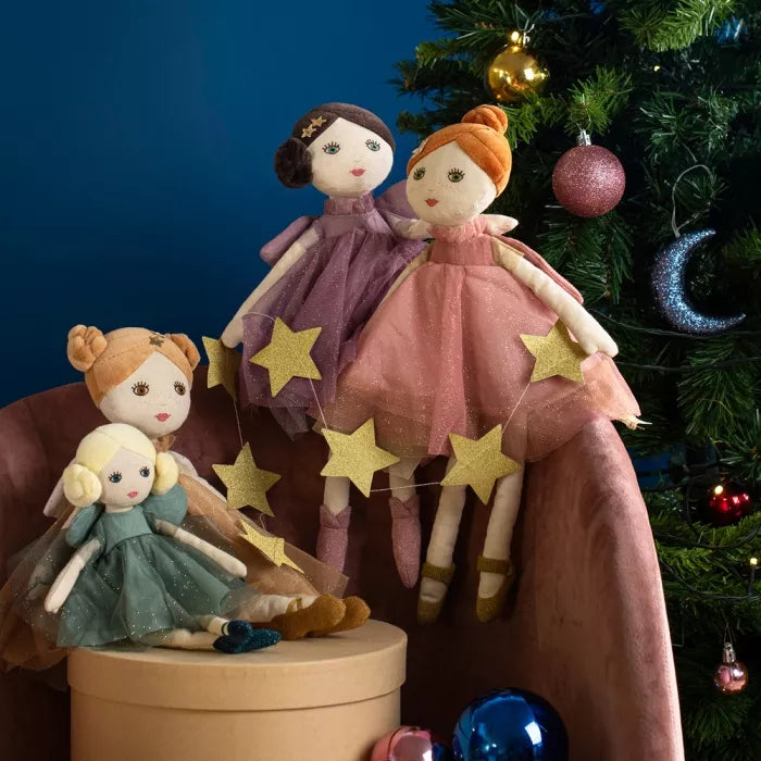 Moulin Roty golden fairy doll for kids with glitter wings and soft champagne dress