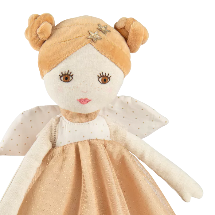 Moulin Roty golden fairy doll for kids with glitter wings and soft champagne dress