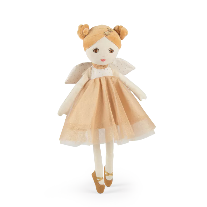 Moulin Roty golden fairy doll for kids with glitter wings and soft champagne dress
