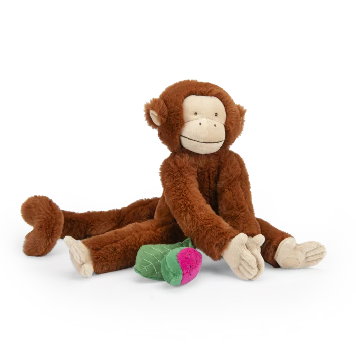Moulin Roty monkey activity plush toy from La Forêt Mawa collection with sensory details