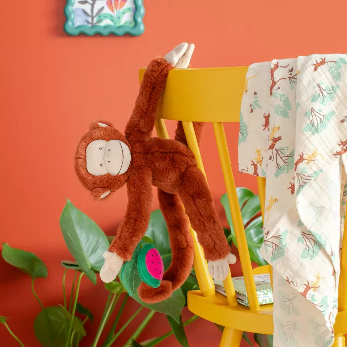 Moulin Roty monkey activity plush toy from La Forêt Mawa collection with sensory details