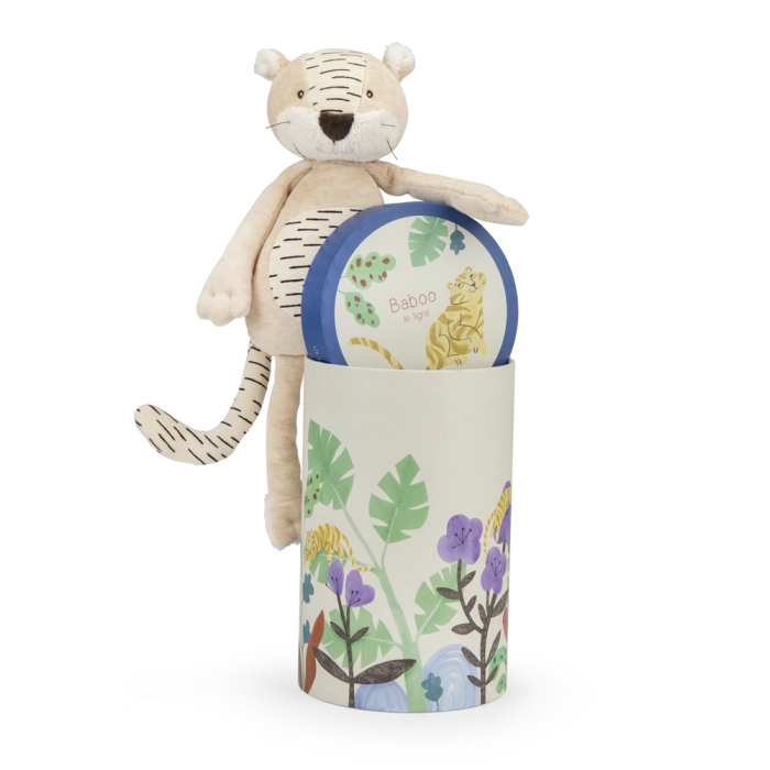 Moulin Roty Baboo tiger plush toy in illustrated gift box from La Forêt Mawa collection