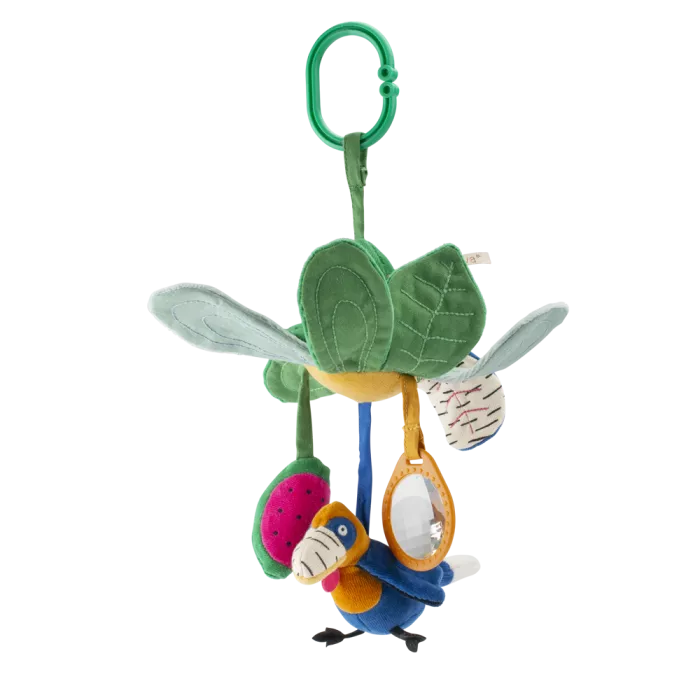 Moulin Roty hanging flower activity toy from La Forêt Mawa collection with sensory accessories