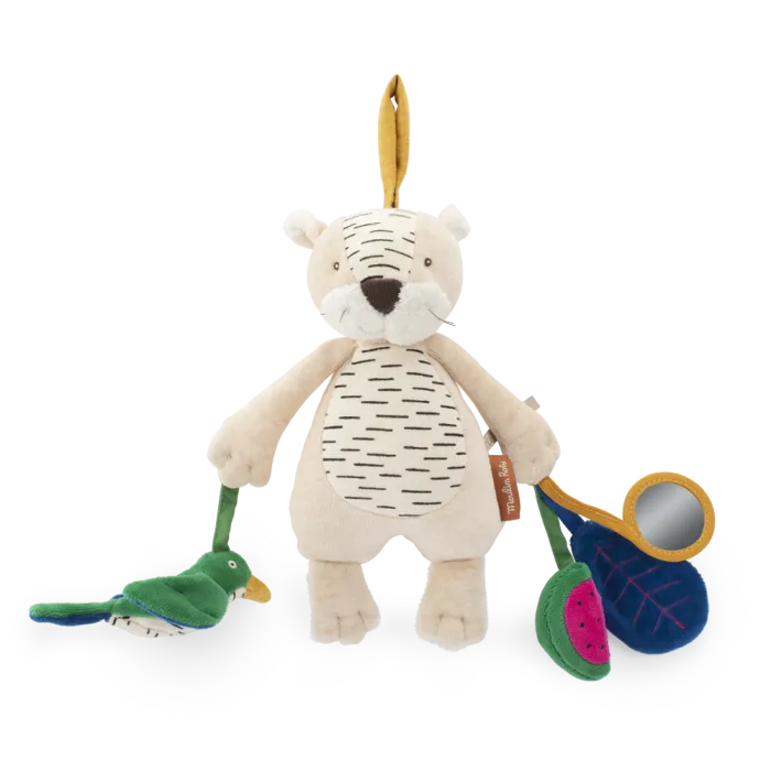 Moulin Roty hanging baby activity tiger toy with sensory accessories and soft plush fabric