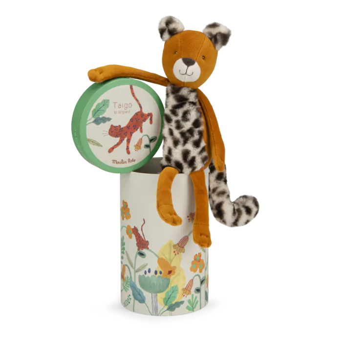 Moulin Roty Taïgo leopard plush toy in illustrated gift box from La Forêt Mawa collection