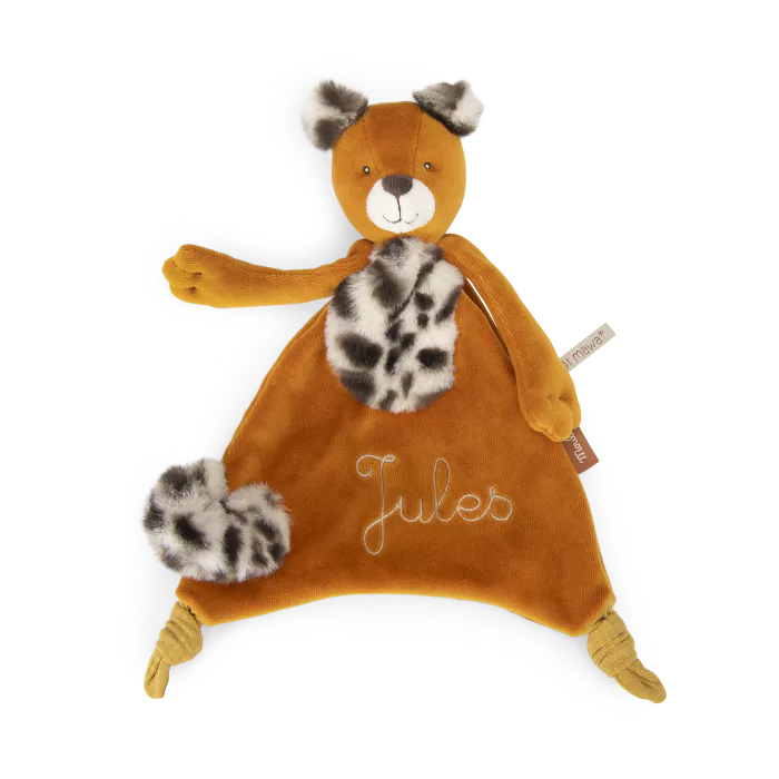 Moulin Roty leopard baby comforter from La Forêt Mawa collection with soft plush fabric