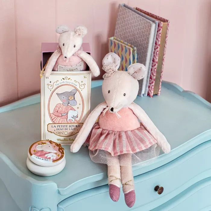 Moulin Roty pink mouse plush toy from La Petite École de Danse collection with pink ballet tutu