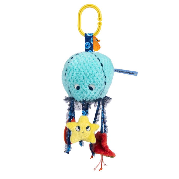 Moulin Roty jellyfish activity toy from Les Aventures de Paulie collection with sensory ribbons and soft textures
