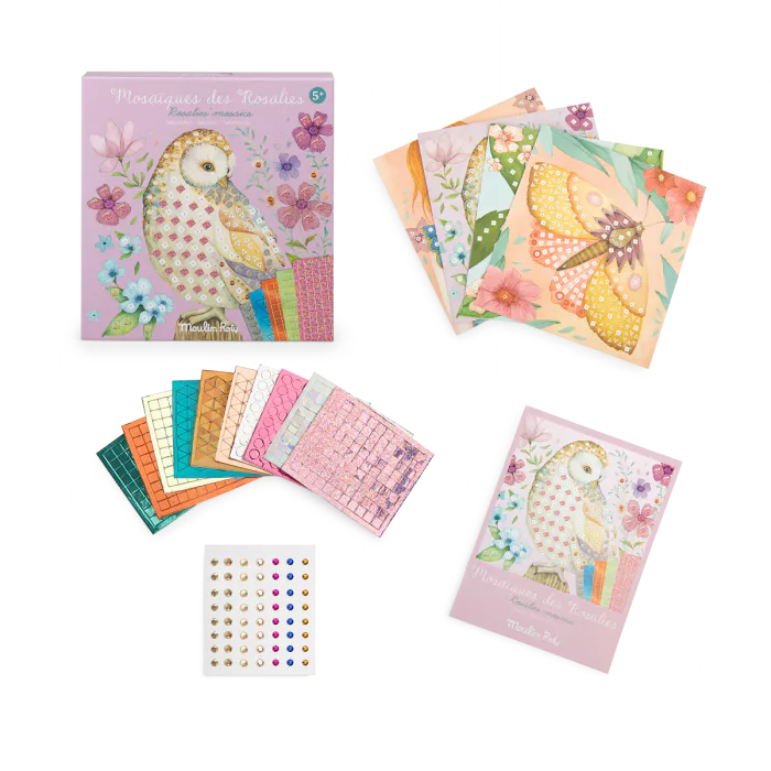 Moulin Roty Les Rosalies kids mosaic craft kit with illustrated floral artwork and mosaic stickers
