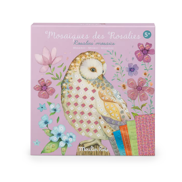 Moulin Roty Les Rosalies kids mosaic craft kit with illustrated floral artwork and mosaic stickers