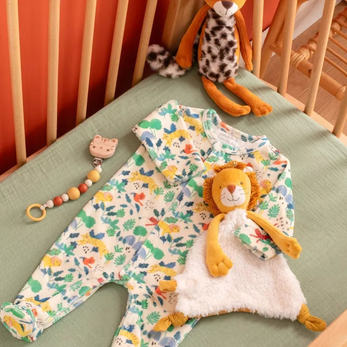Moulin Roty lion baby comforter from La Forêt Mawa collection with soft plush fabric