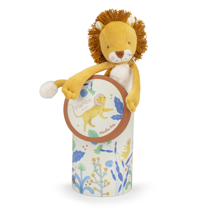 Moulin Roty Mamba lion plush toy in illustrated gift box from La Forêt Mawa collection