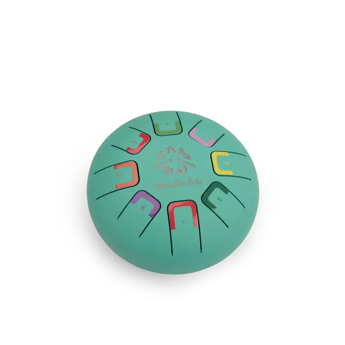 Moulin Roty kids tongue drum from Dans la Jungle collection with colourful musical notes