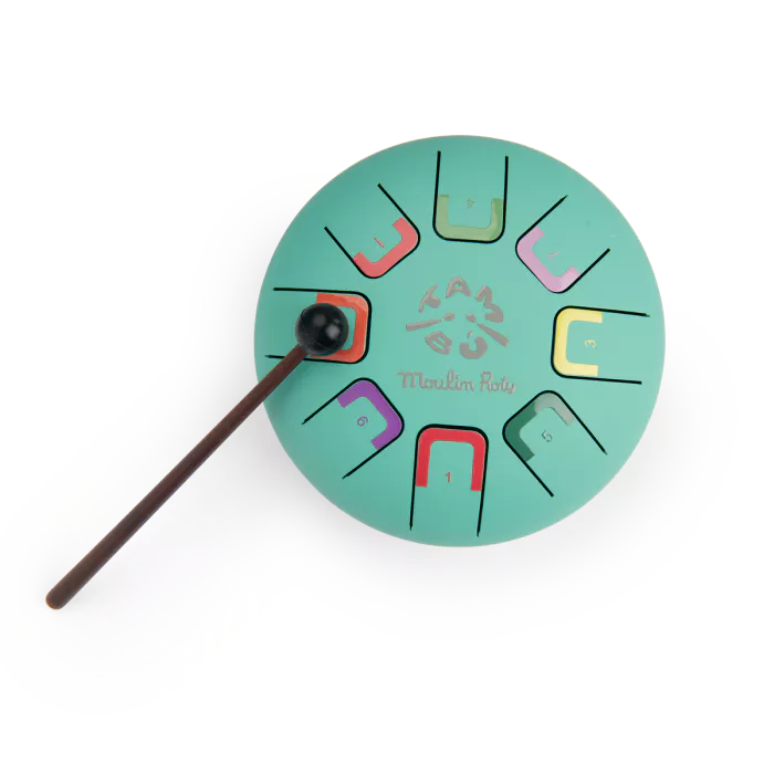 Moulin Roty kids tongue drum from Dans la Jungle collection with colourful musical notes