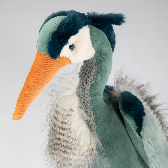 Moulin Roty heron plush toy from Tout Autour du Monde collection with soft textured feathers