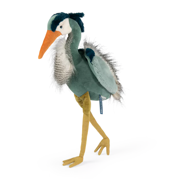 Moulin Roty heron plush toy from Tout Autour du Monde collection with soft textured feathers