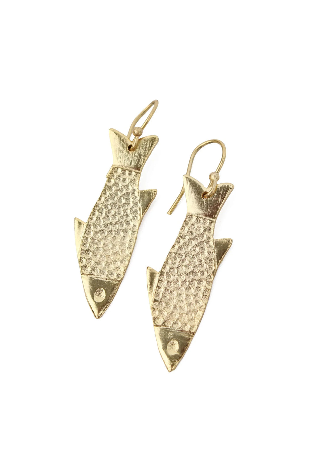Gold fish drop earrings with hammered textured finish