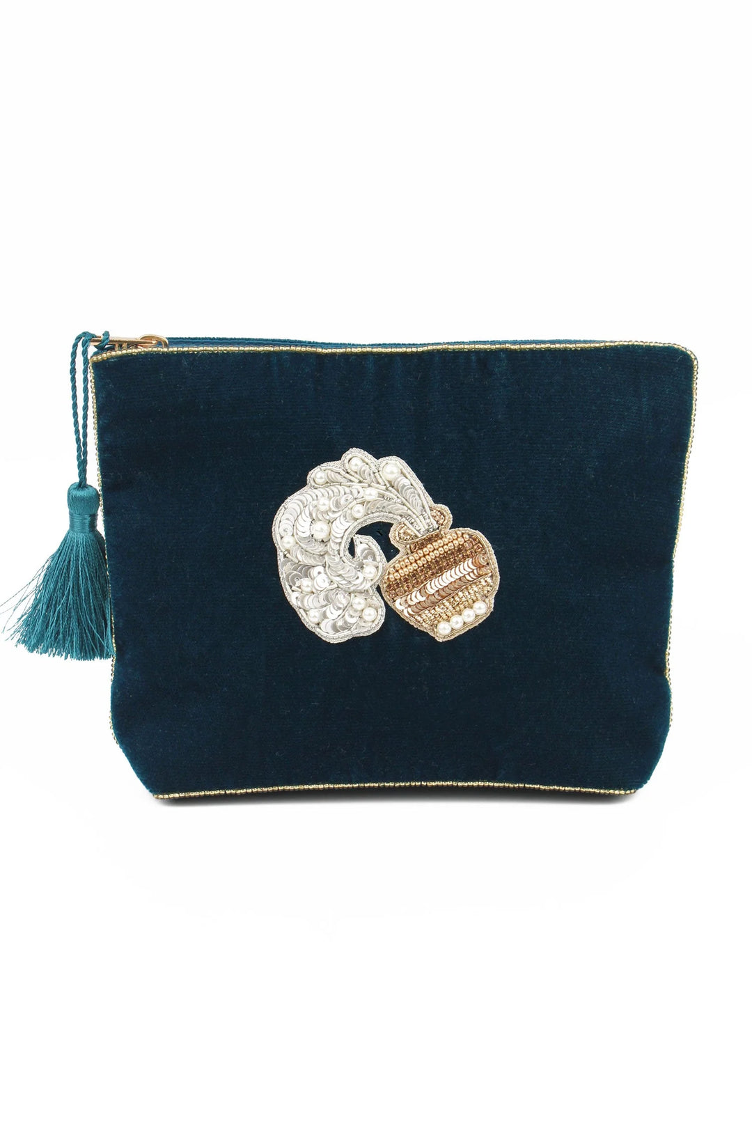 Handcrafted Aquarius zodiac medium velvet pouch with intricate beaded design and zip closure