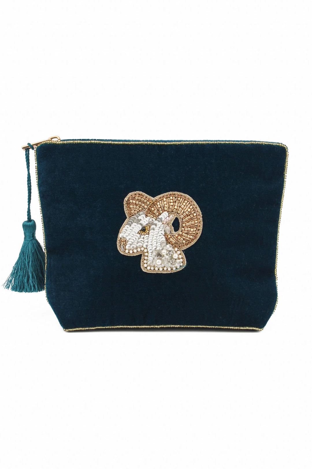 Handcrafted Aries zodiac medium velvet pouch with intricate beaded design and zip closure