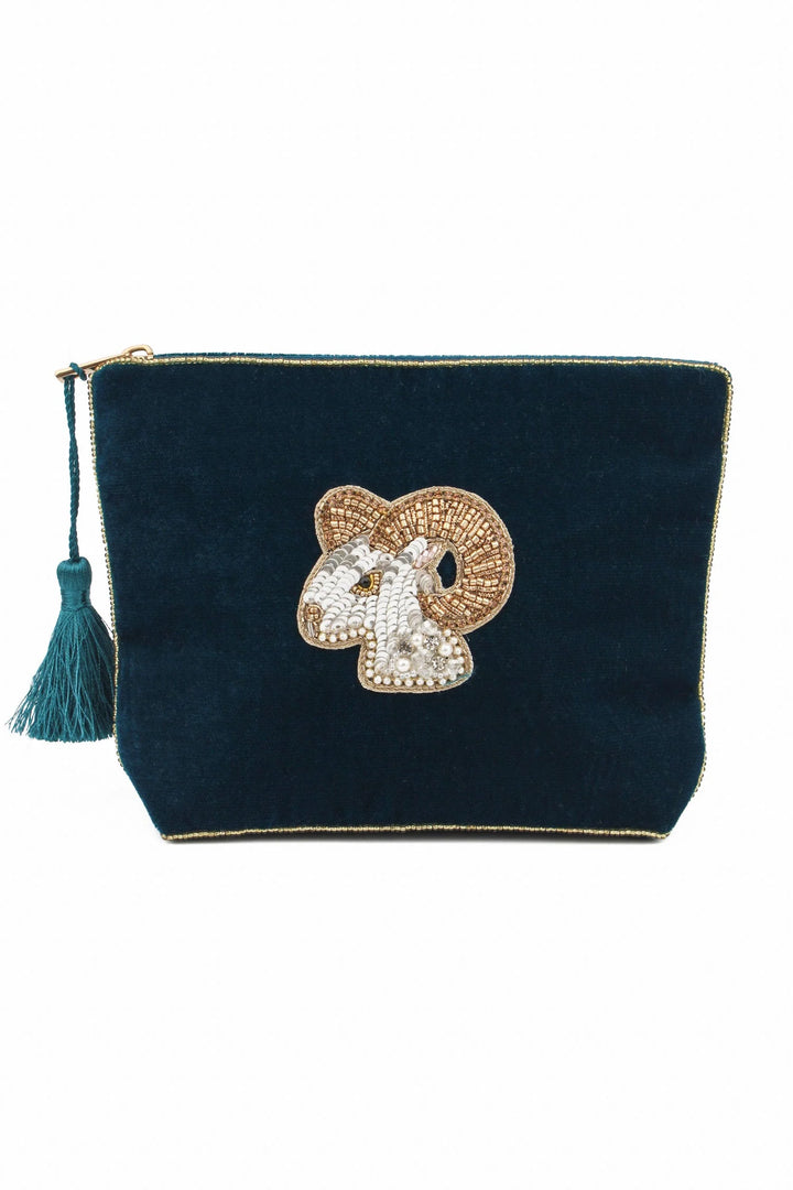 Handcrafted Aries zodiac medium velvet pouch with intricate beaded design and zip closure