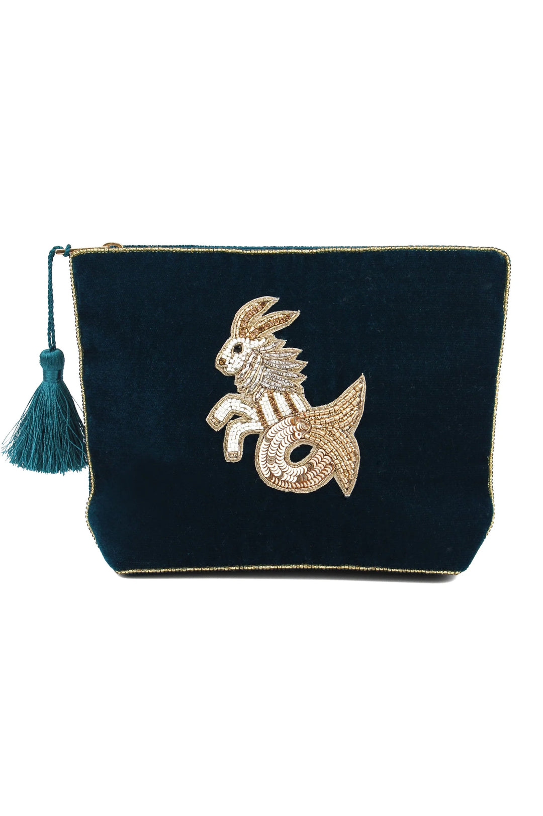 Handcrafted Capricorn zodiac medium velvet pouch with intricate beaded design and zip closure