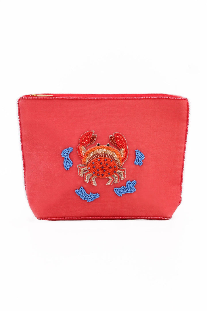 Coral velvet crab beaded pouch with gold, orange and blue beadwork