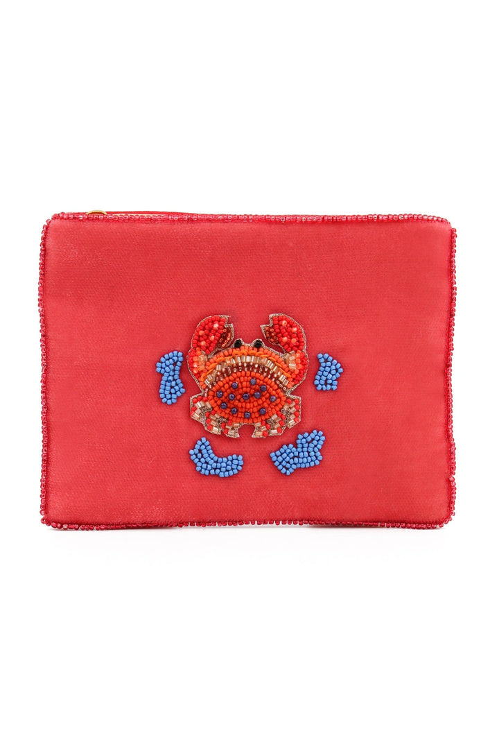 Coral velvet crab beaded pouch with gold, orange and blue beadwork
