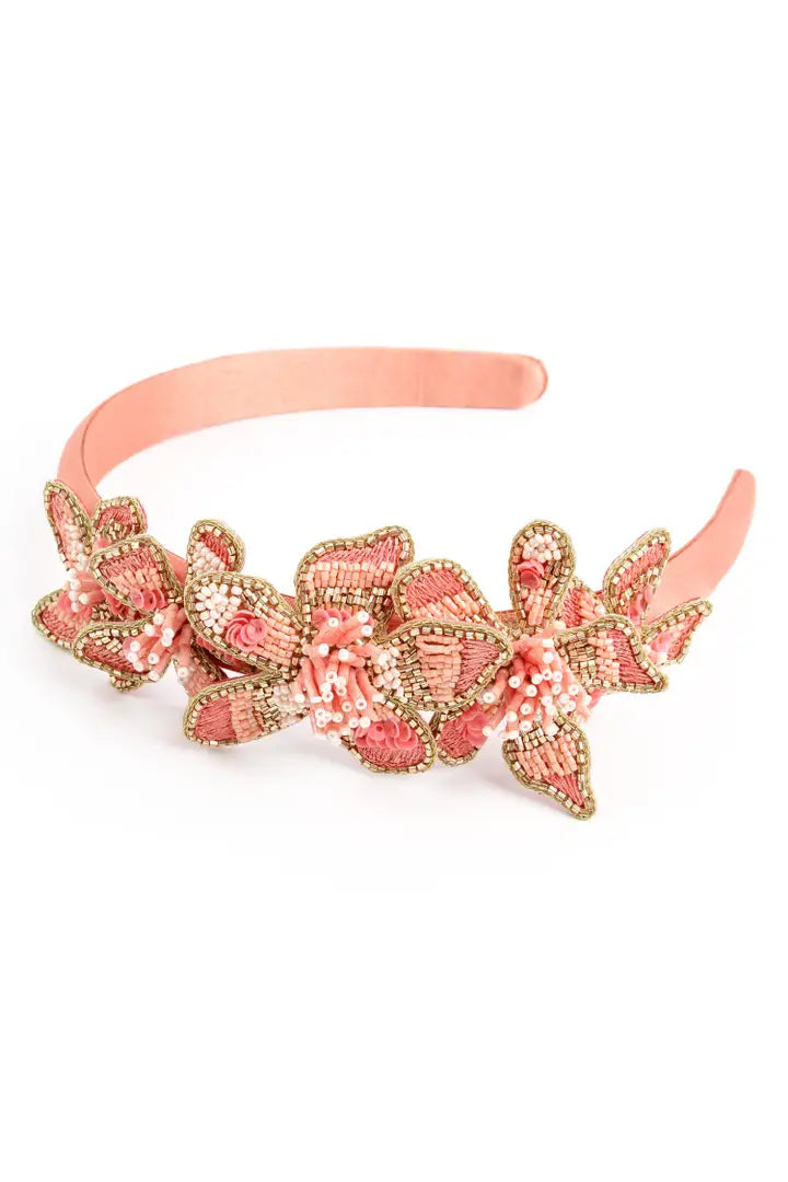 Pearl white flower headband hand-beaded with glass beads and floral detailing