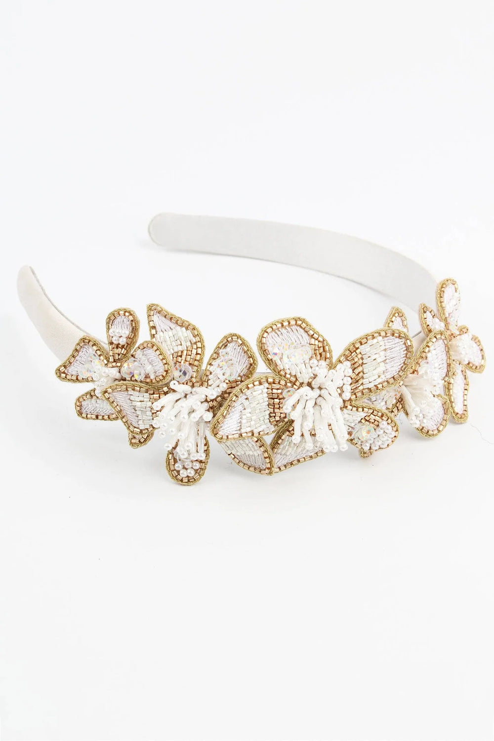 Pearl white flower headband hand-beaded with glass beads and floral detailing