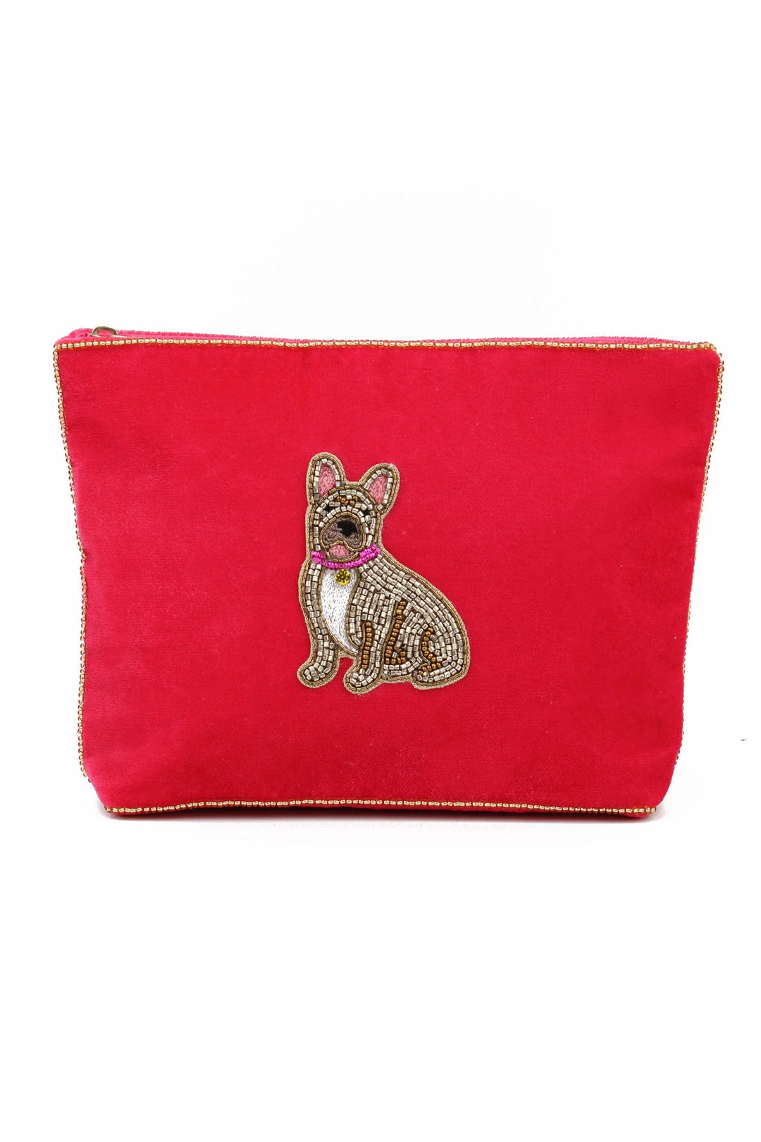 Handcrafted French Bulldog medium velvet pouch with intricate beaded design and zip closure