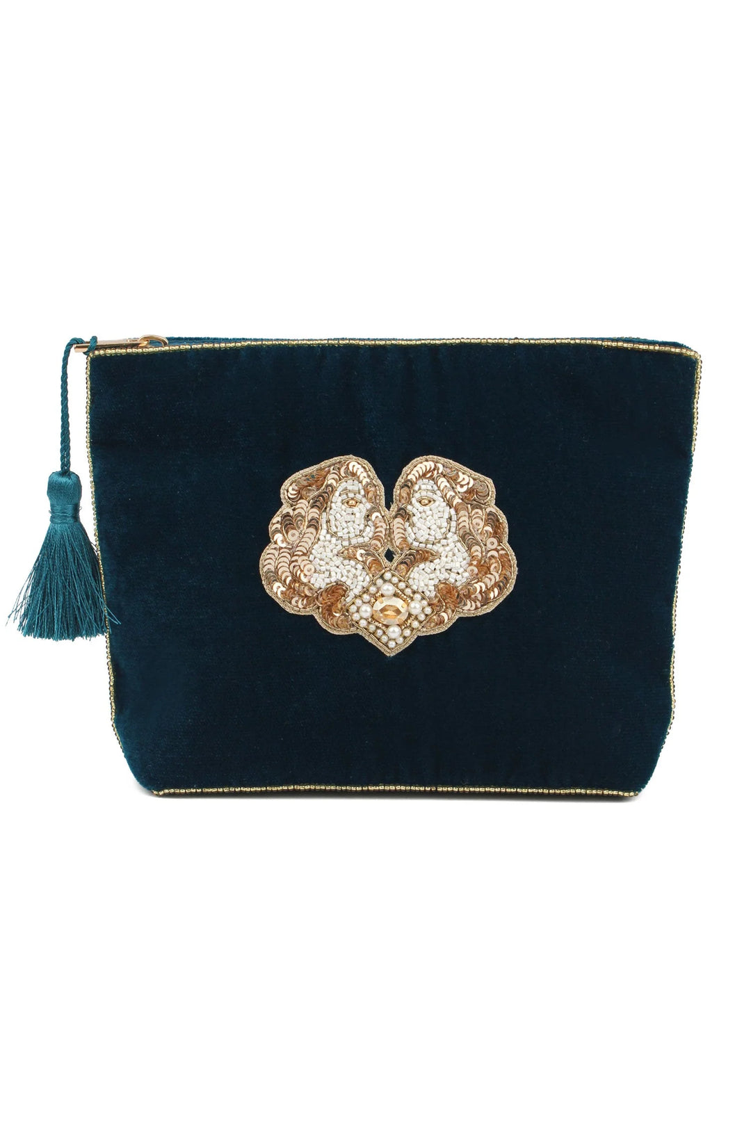Handcrafted Gemini zodiac medium velvet pouch with intricate beaded design and zip closure