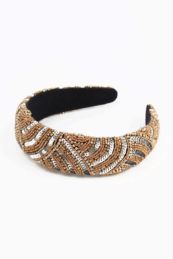 Handcrafted gold and silver sequin headband with elegant hand-beaded Art Deco design