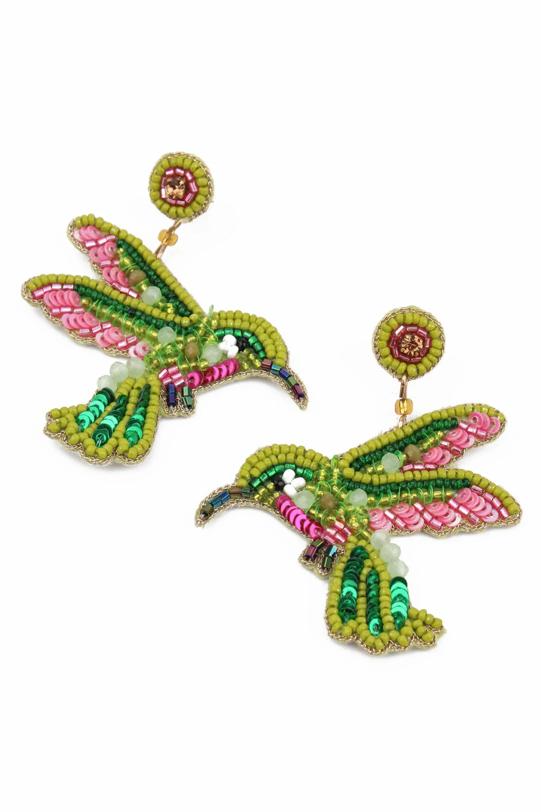 Handcrafted hummingbird beaded statement earrings with shimmering glass bead detailing