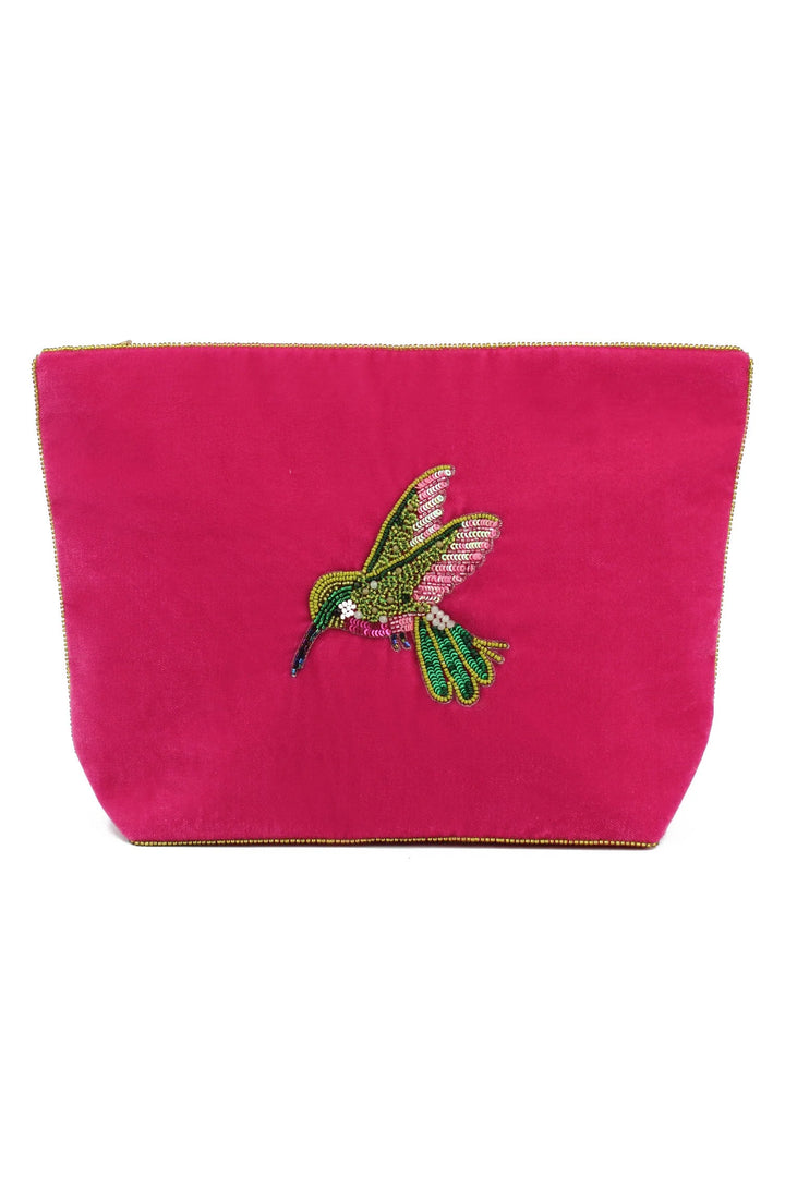 Handcrafted Pink Hummingbird large velvet pouch with intricate beaded embroidery and zip closure