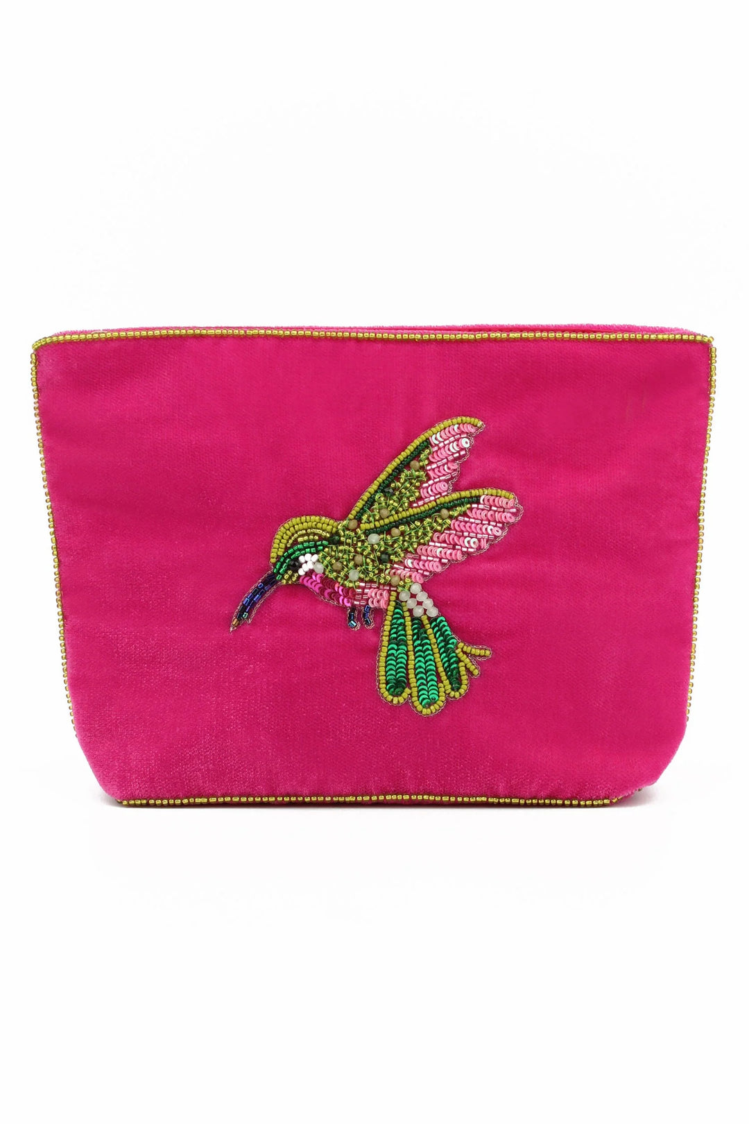 Handcrafted Pink Hummingbird medium velvet pouch with intricate beaded embroidery and zip closure