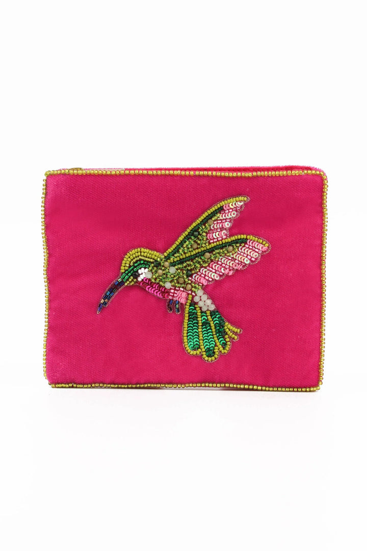 Handcrafted Pink Hummingbird small velvet pouch with intricate beaded embroidery and zip closure