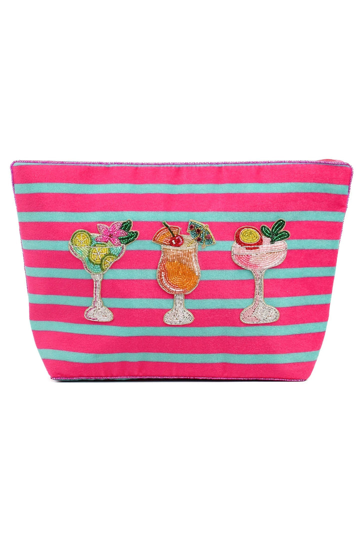 Pink and blue striped velvet cocktail beaded pouch with colourful fruity cocktail motifs