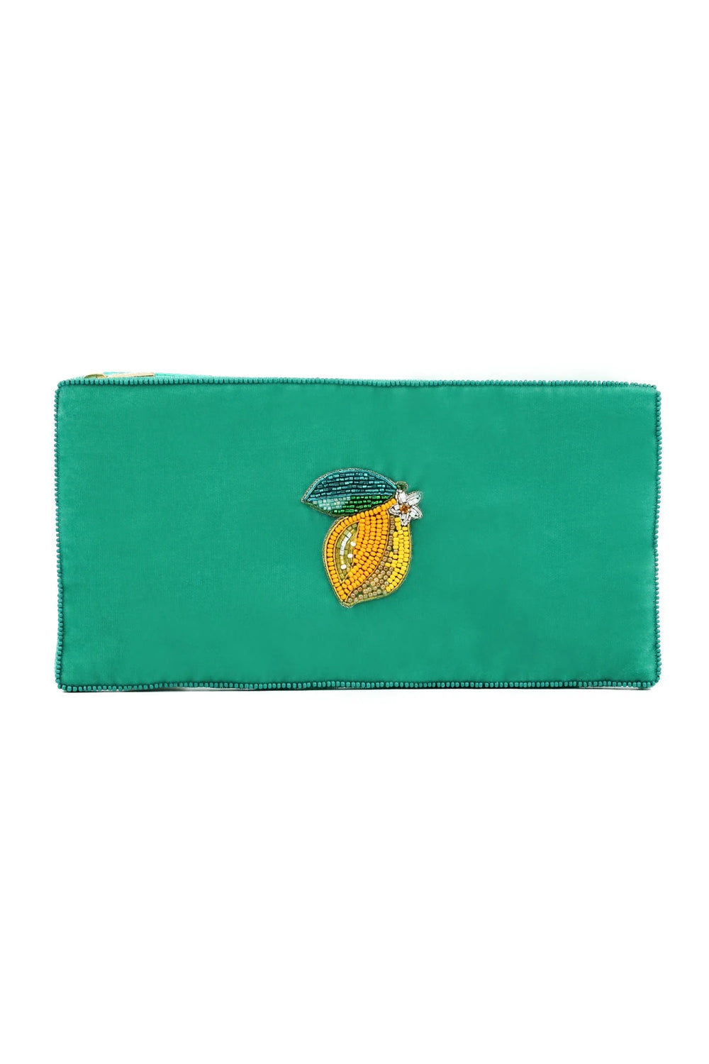 Handcrafted Lemon velvet pouch with intricate beaded lemon design and zip closure