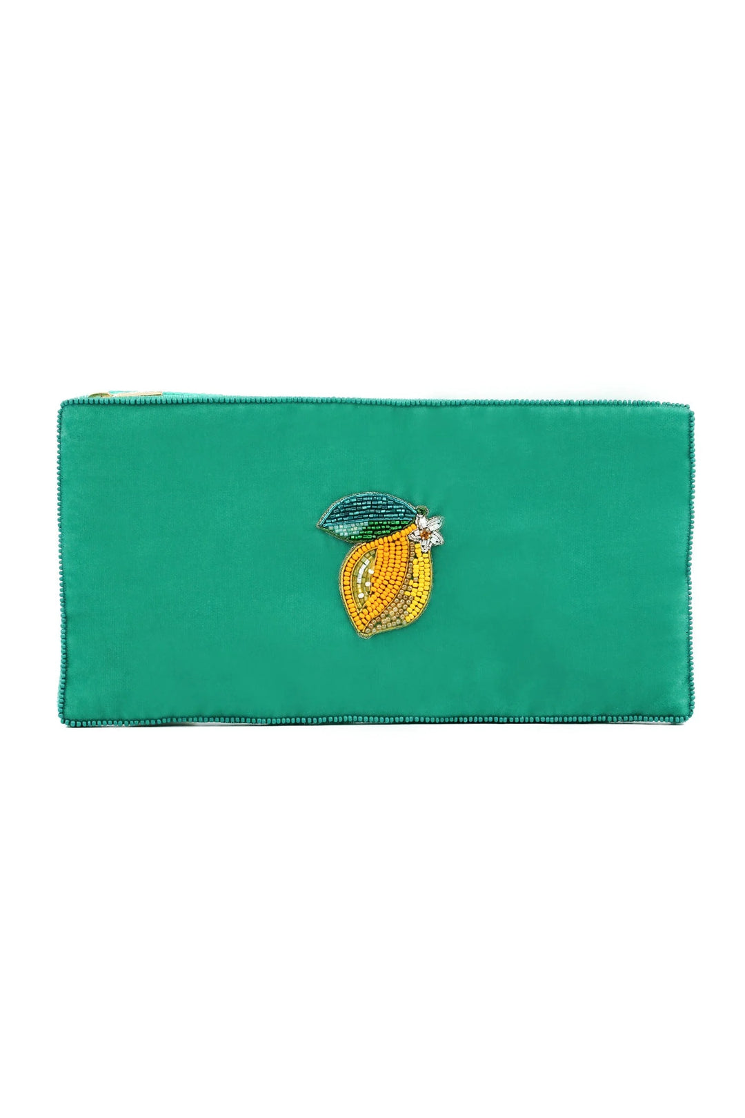 Handcrafted Lemon velvet pouch with intricate beaded lemon design and zip closure
