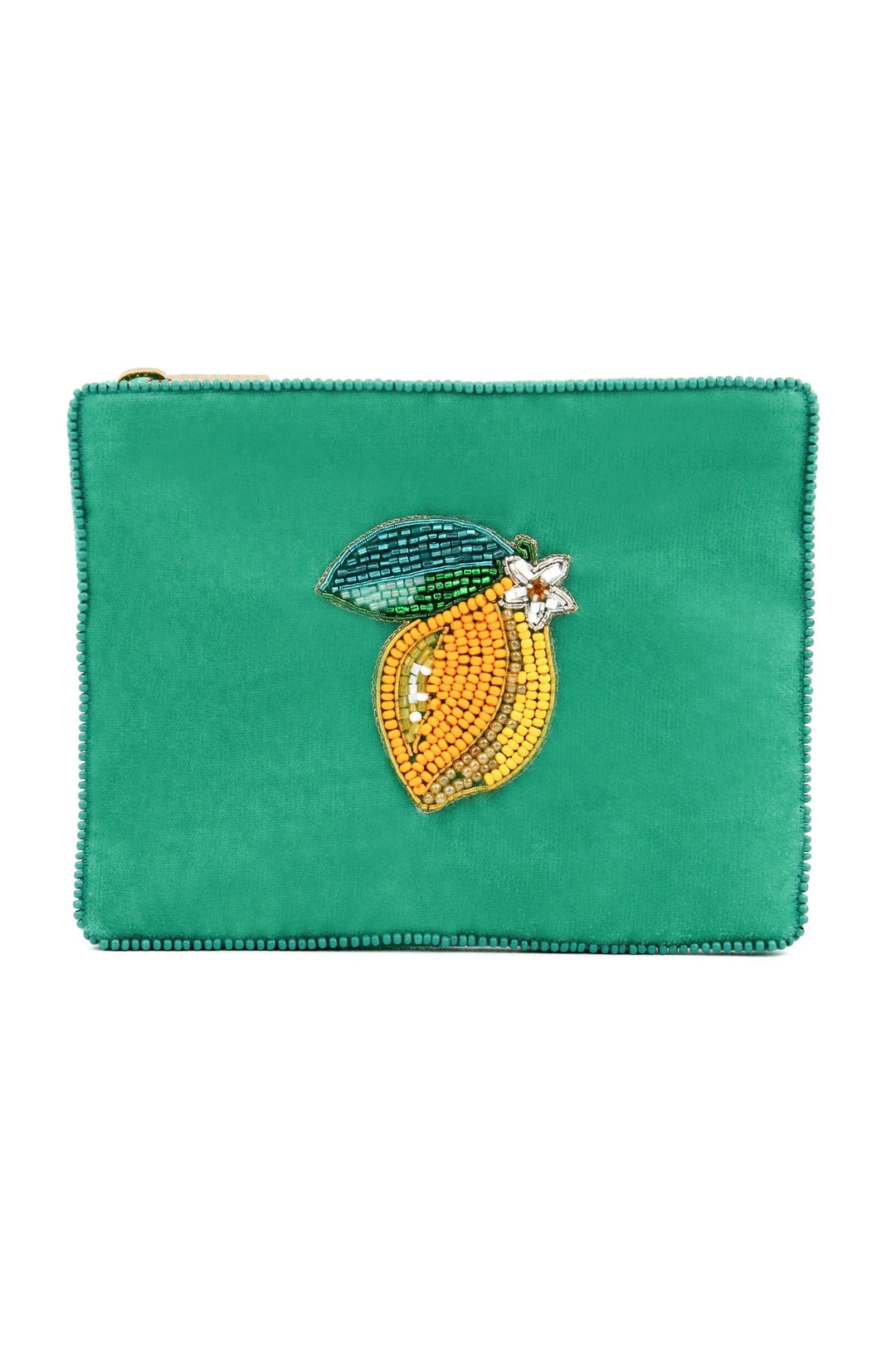 Handcrafted Lemon velvet pouch with intricate beaded lemon design and zip closure
