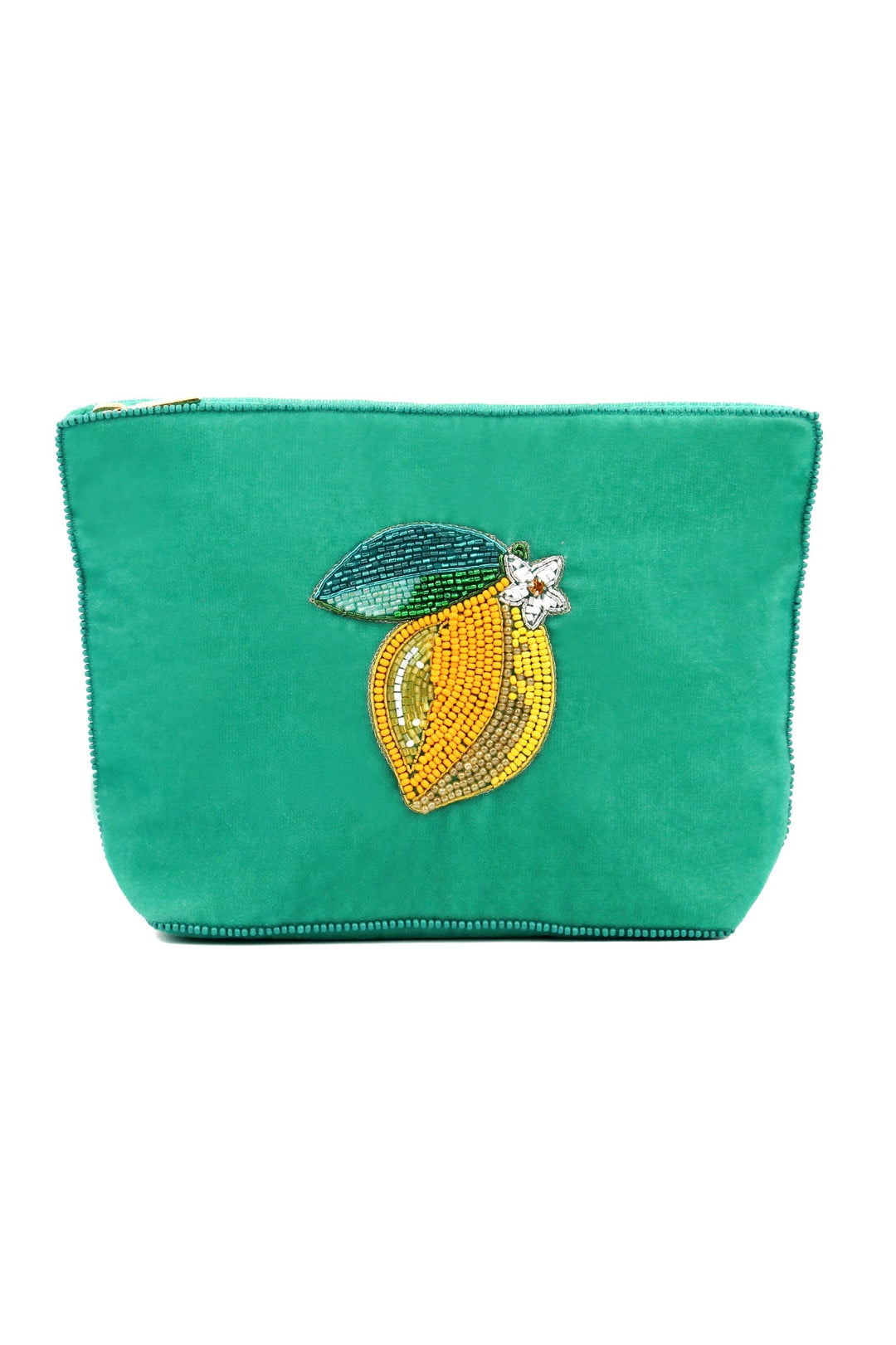 Handcrafted Lemon velvet pouch with intricate beaded lemon design and zip closure