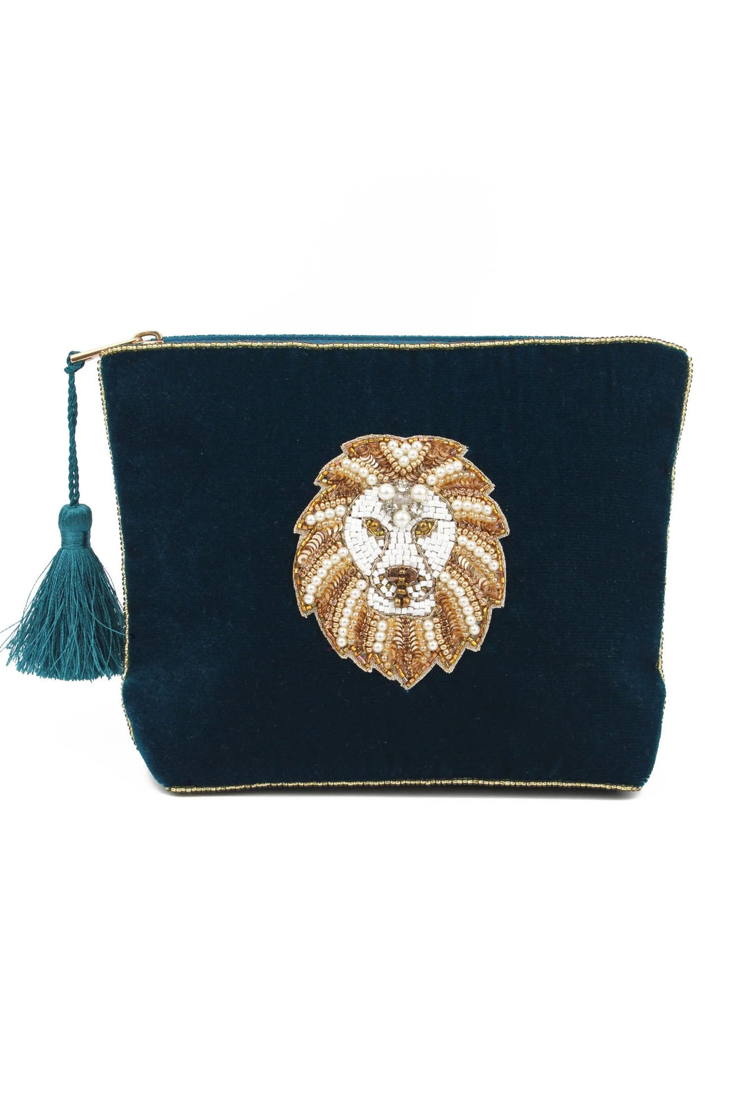 Handcrafted Leo zodiac medium velvet pouch with intricate beaded design and zip closure