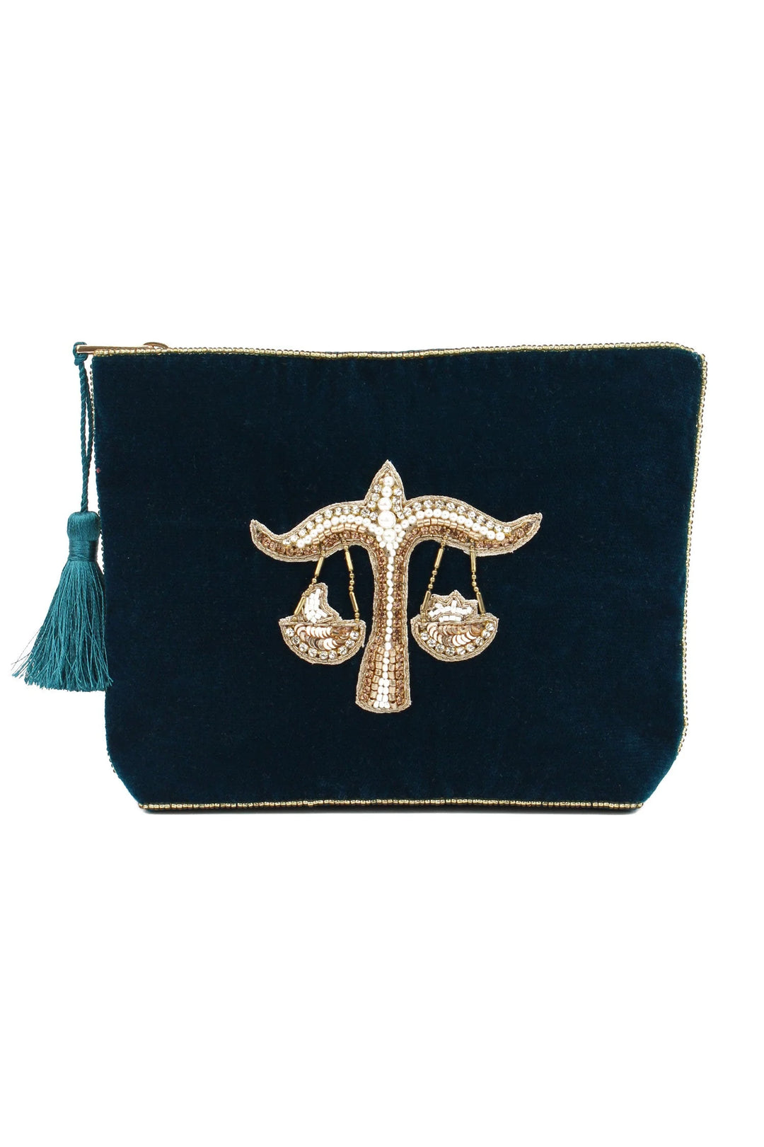 Handcrafted Libra zodiac medium velvet pouch with intricate beaded design and zip closure