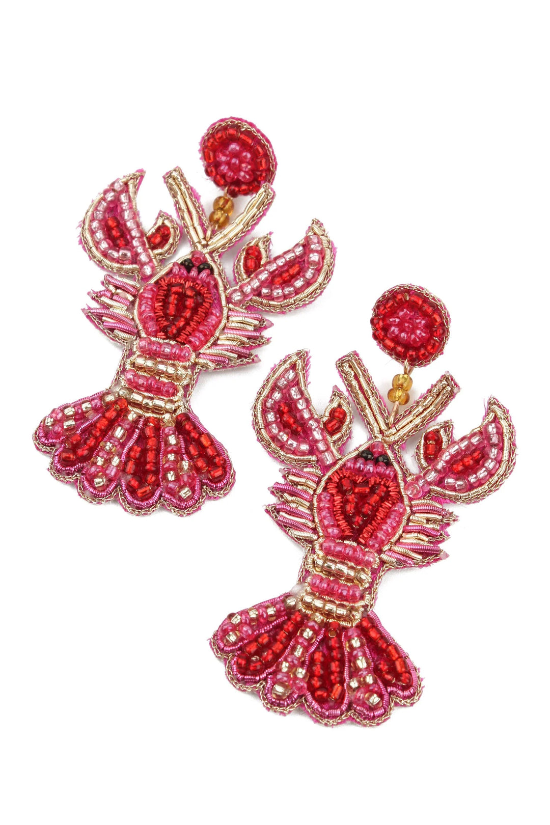 Handcrafted beaded lobster statement earrings with colourful glass bead detailing