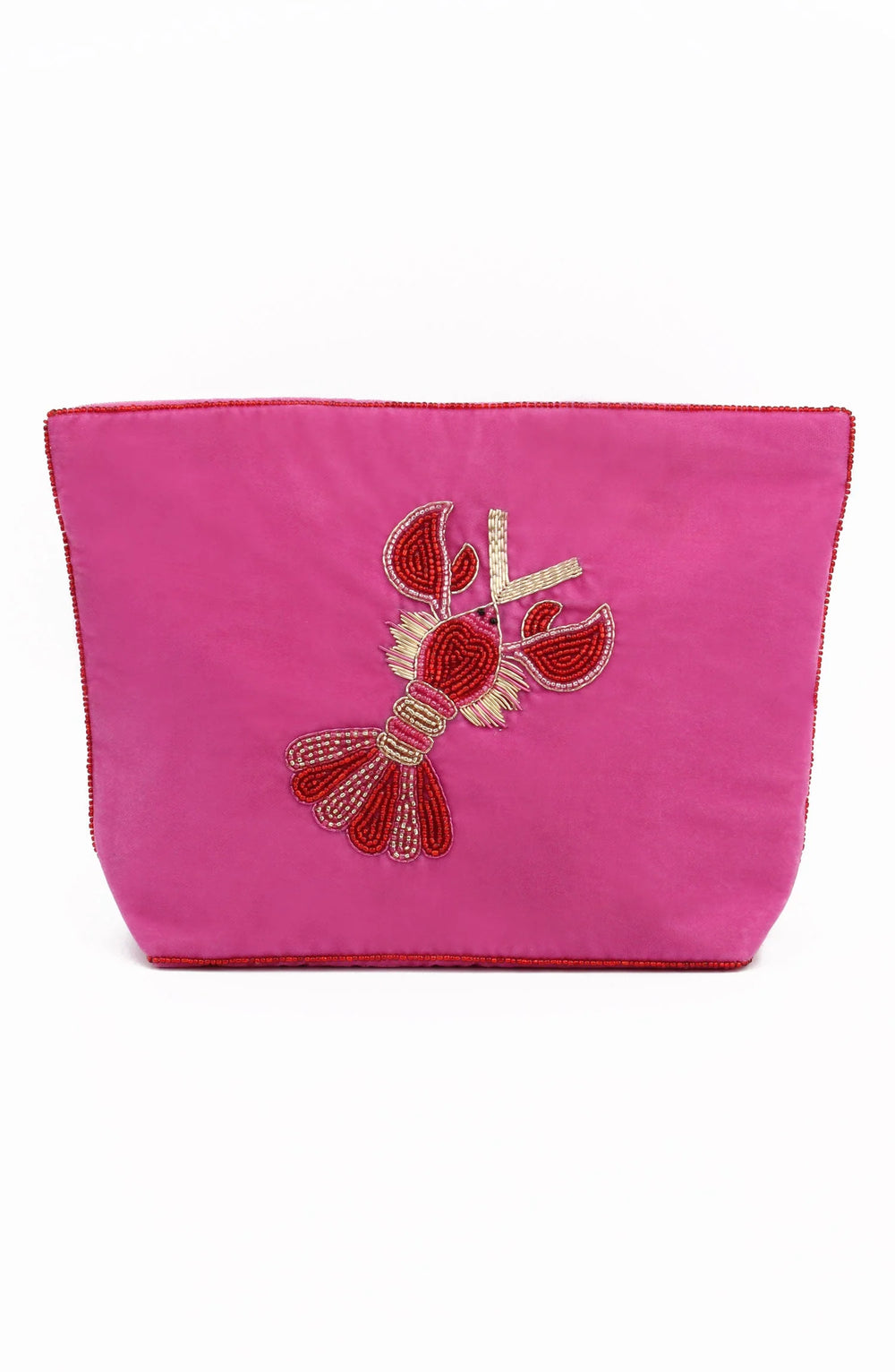 Handcrafted beaded lobster velvet pouch with zip closure