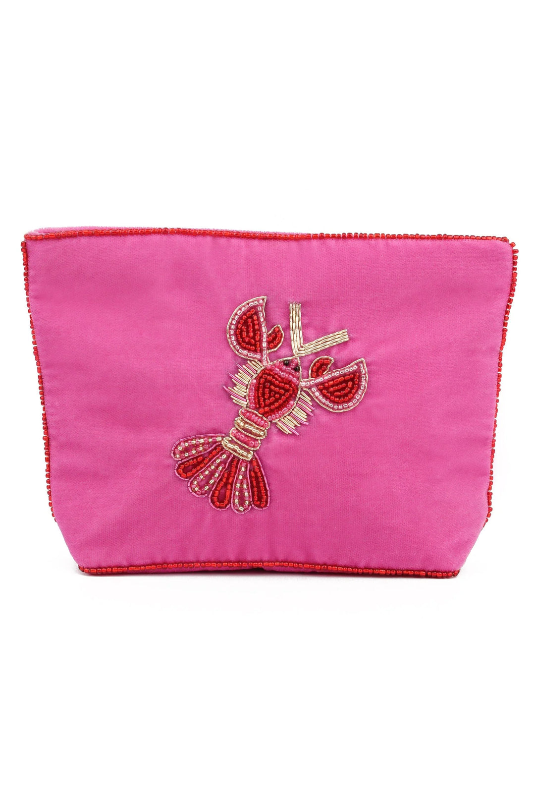 Handcrafted beaded lobster velvet pouch with zip closure