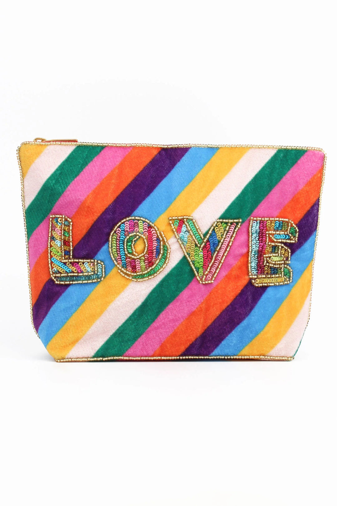 Handcrafted rainbow beaded velvet pouch with LOVE design and zip closure