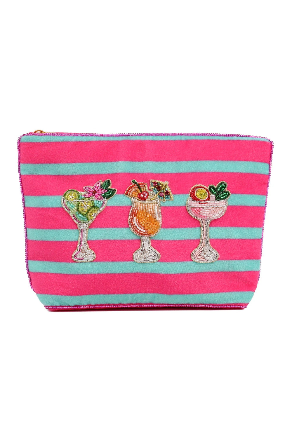 Pink and blue striped velvet cocktail beaded pouch with colourful fruity cocktail motifs