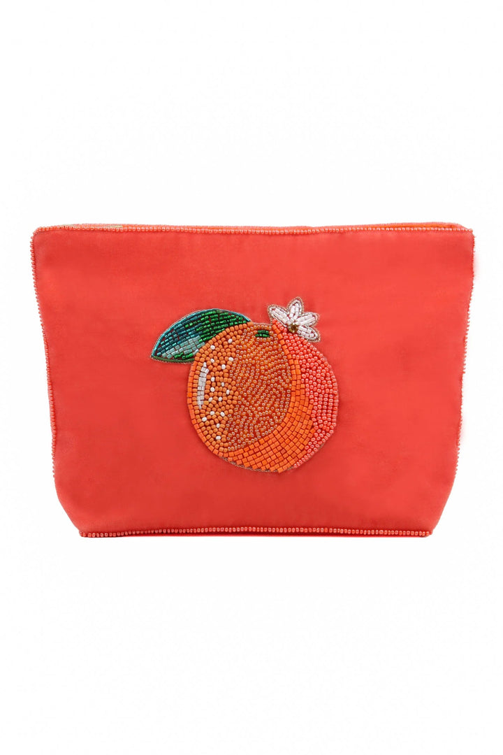 Orange multi-use beaded pouch with green and white detailing and sparkling gem accent