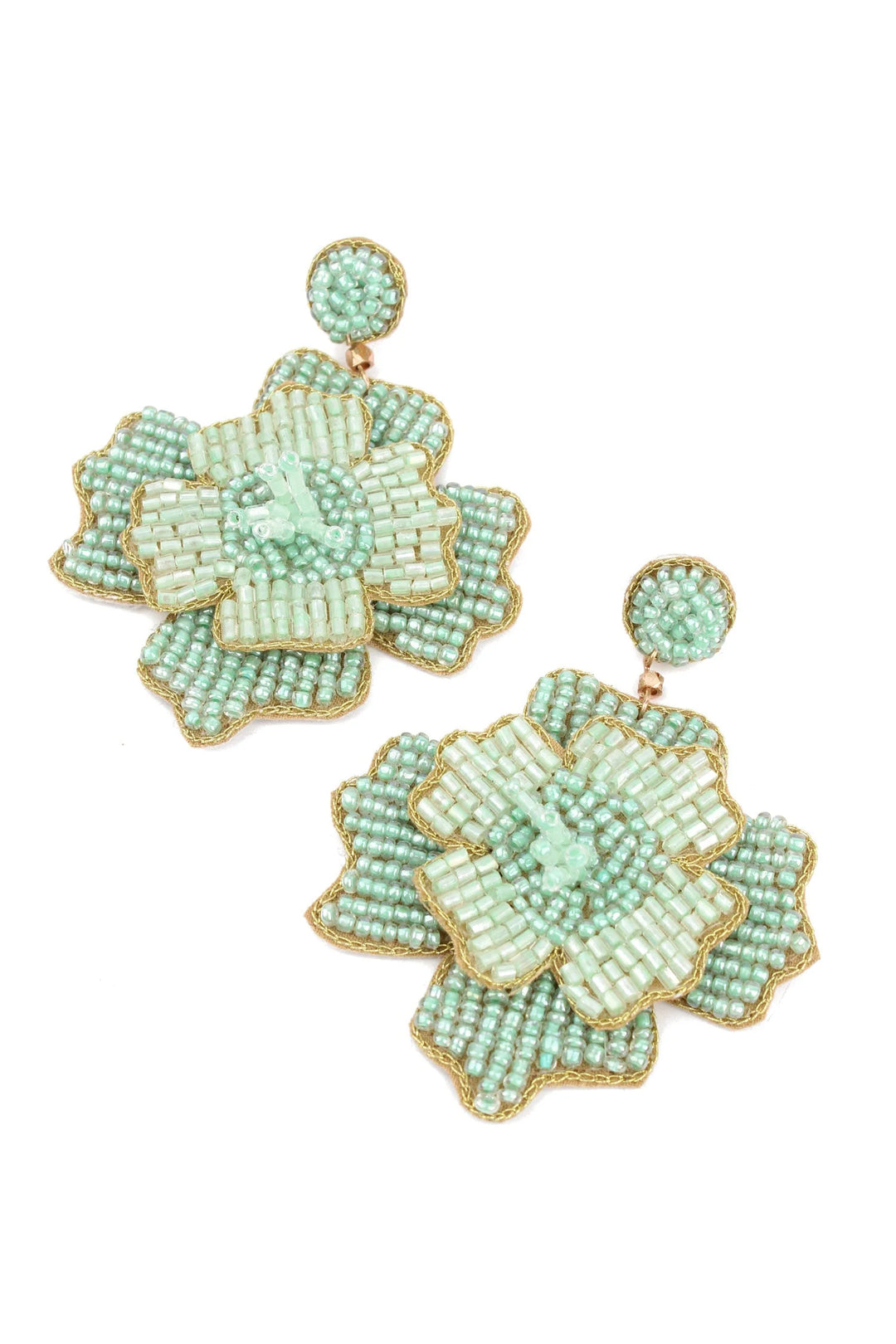 Handcrafted mint flower statement earrings with intricate glass bead detailing